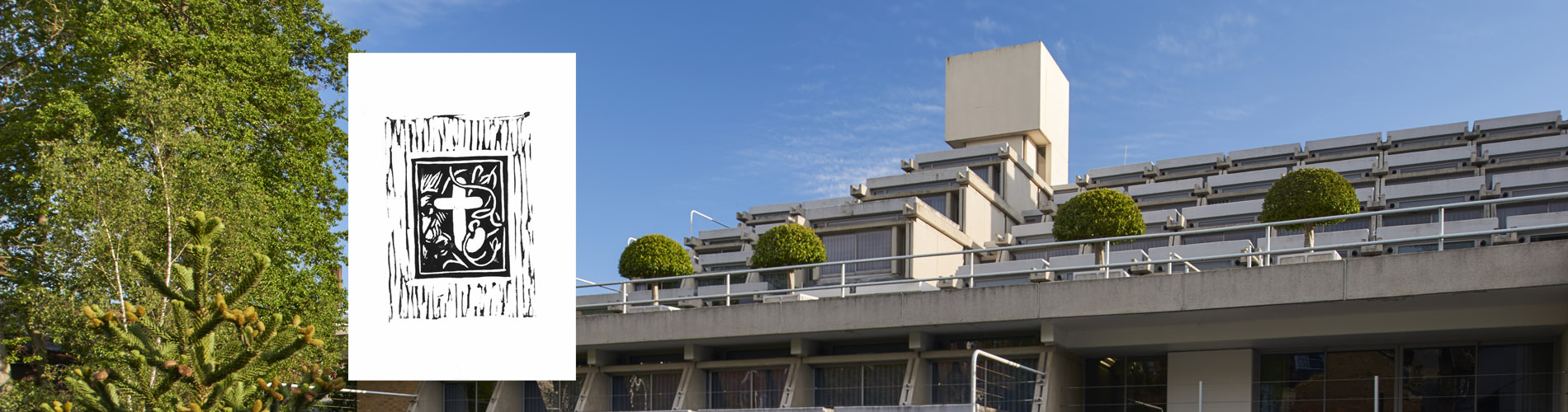 Modernist building with superimposed zine cover in black and white