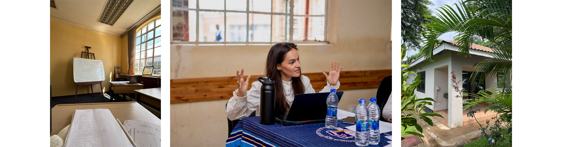 Composite image of a classroom, person teaching and lodge surrounded by trees