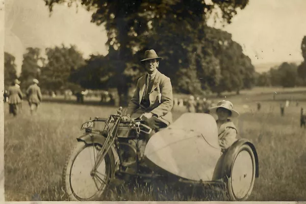 Postcard of motorcycle with sidecar