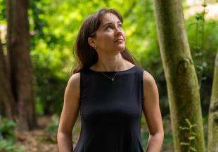 Person looking up into trees