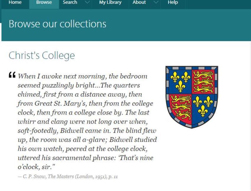 A screenshot of the collection information page for Christ's College holdings in the Cambridge Digital Library